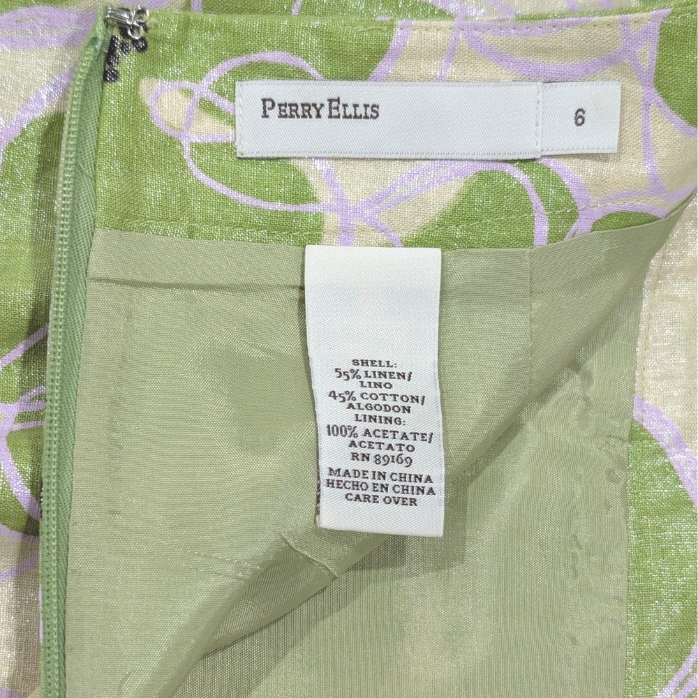 NWT Perry Ellis Apple Green Floral Linen Blend Metallic Pencil Skirt Pockets 6 - Picture 8 of 11